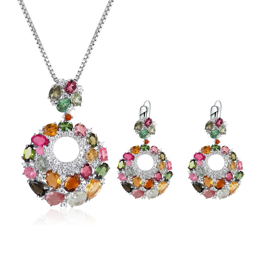 ArtistA W0448 Abiding Manufacturer Beautiful Design Mix Color Natural Tourmalines 925 Silver Circle Wreath Pendant Necklace Jewelry