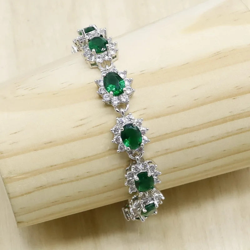 Green Blue Semi-precious Silver Jewelry Sets for Women Necklace Earrings Bracelet Wedding Bridal Jewelry