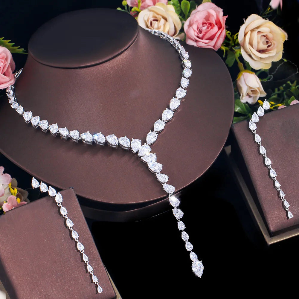 Luxury Green White Colour Zircon Water Drop Pendant Long Earrings Y Shape Necklace Women Party Tennis Necklace Chain Jewelry Set
