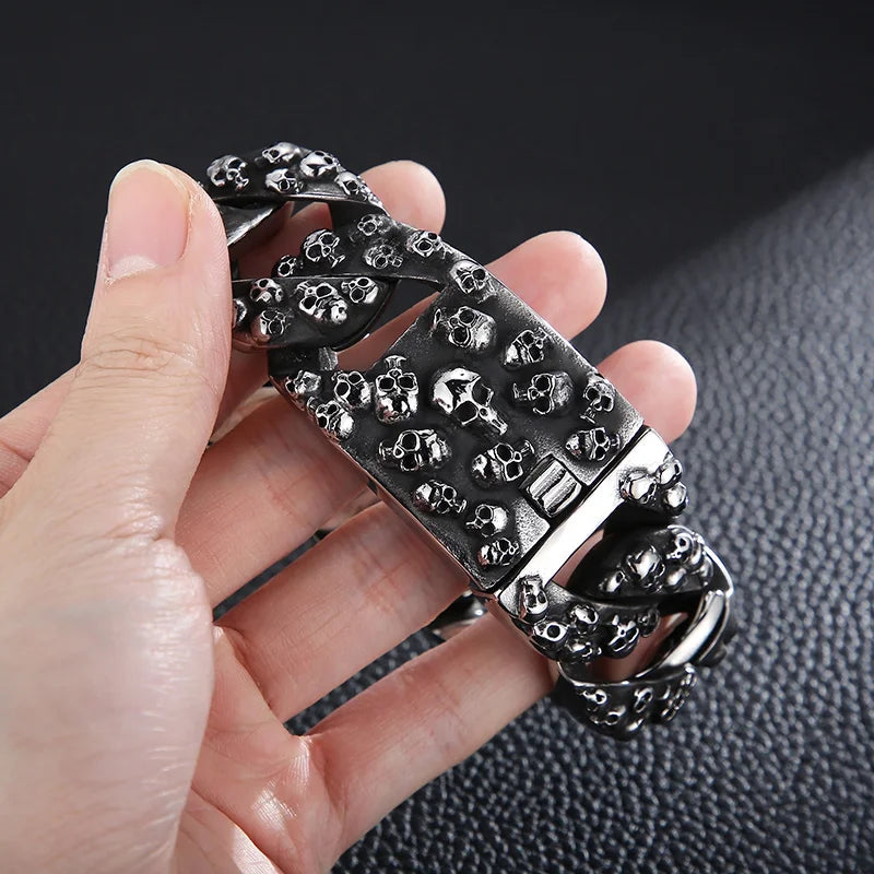 REBEL Retro Punk Fine Jewelry Fashion Bracelets Stainless Steel Skulls Cuban Links Bracelet