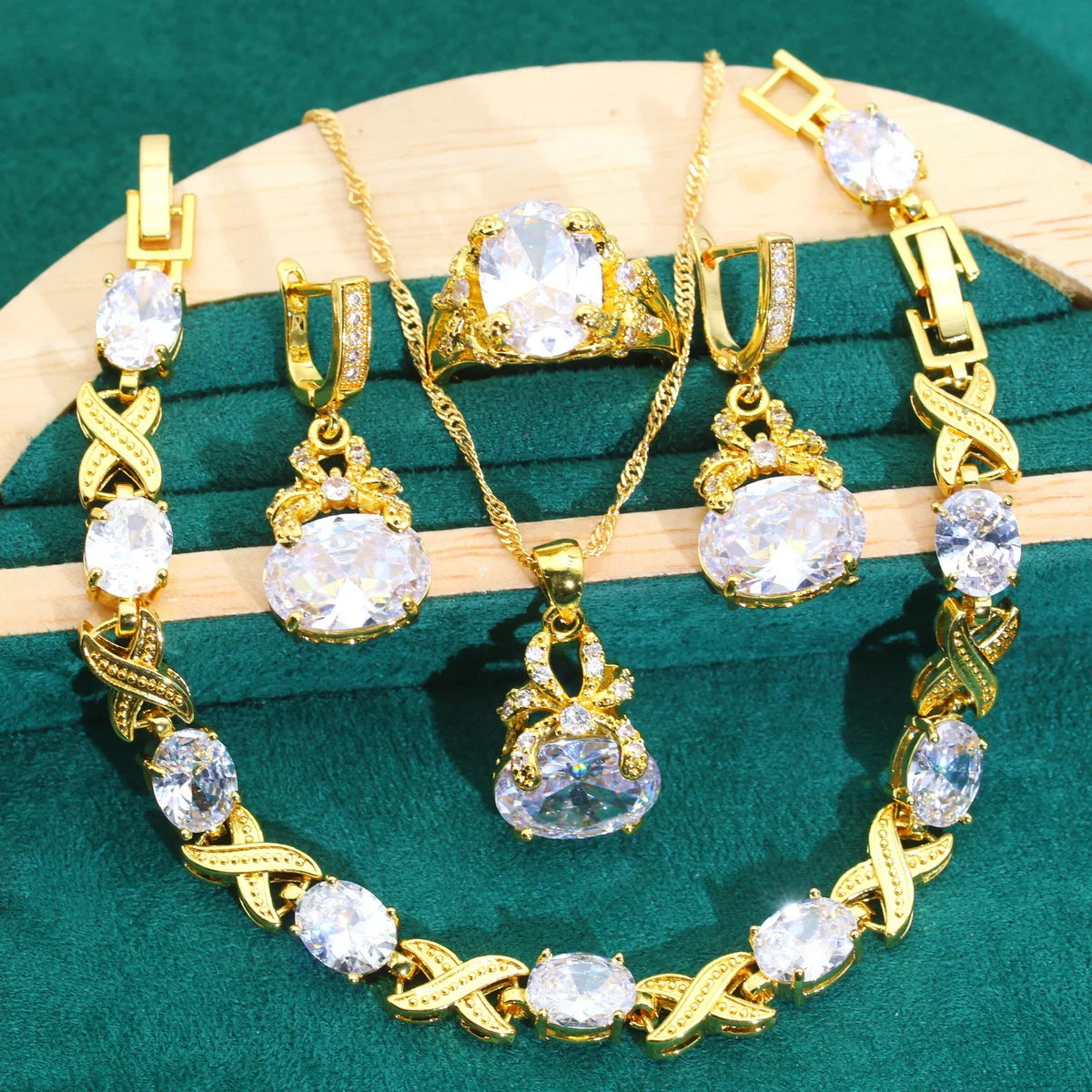XOTICA Exquisite Blue Zircon Bracelet Earrings Necklace Pendant Ring Set Gold Color Women's Wedding Jewelry for Parties Made of Alloy