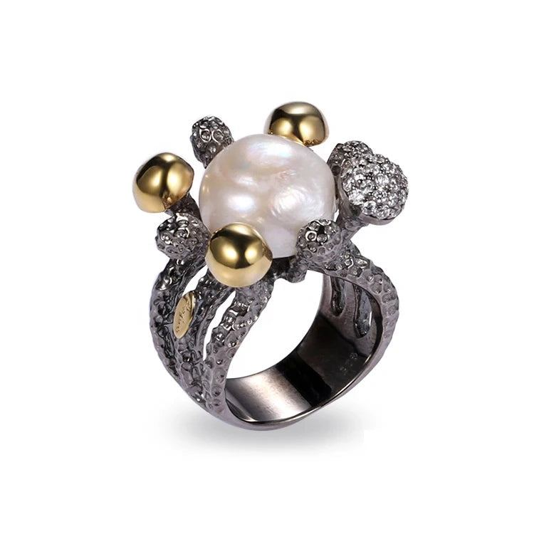 Italian Freshwater Button Pearl 925 Sterling Silver Ring for Women
