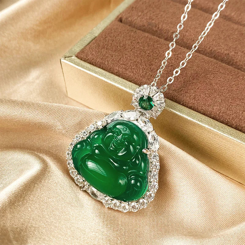 REDheart Inlaid Green Chaltony Buddha Necklace Brass Inlaid Zircon Temperament Pendant Women's Gold Plated Wedding Party
