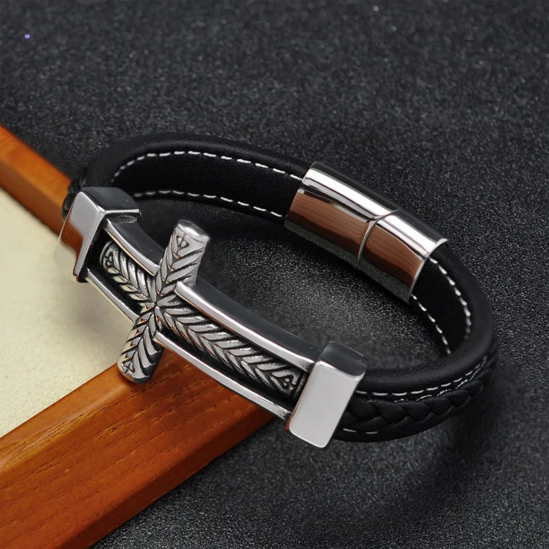 REBEL FASHIONISTA Hot Sale Male Magnetic Pattern Cross Style Stainless Steel Accessories Double-Layer Leather Bracelet Wearing Accessories