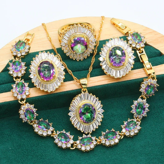 Women's Gold Alloy Jewelry Set Wedding Party Bracelet Earrings Necklace Pendant Ring with Zircon Christmas Gift