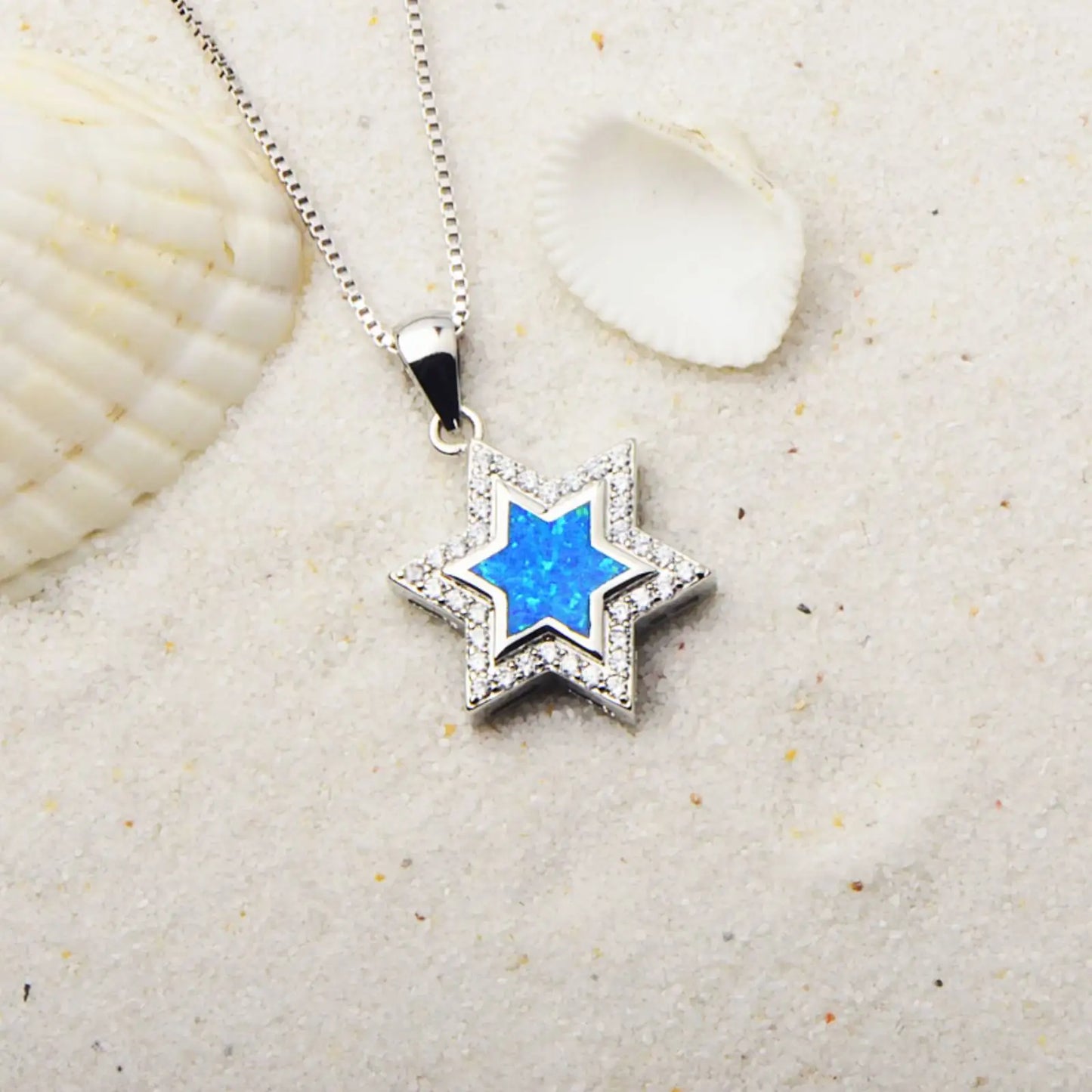 Aobao Women's Fashionable Brass Silver Plated Opal Necklace Blue Hexagonal Star Pendant Clavicle Box Chain Vintage Style Charm