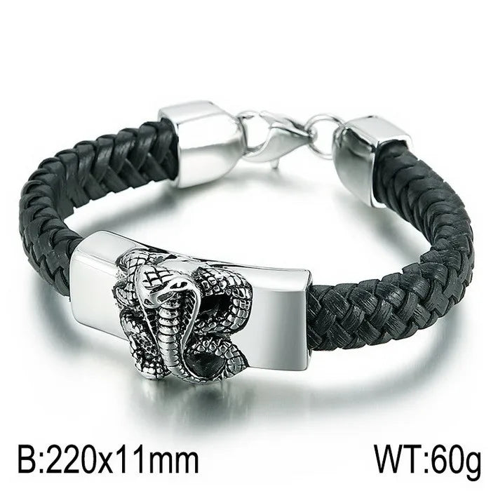 KALEN Fashion Mens Bracelets Stainless Steel Cowhide Leather Lion Head Bracelet Bangle