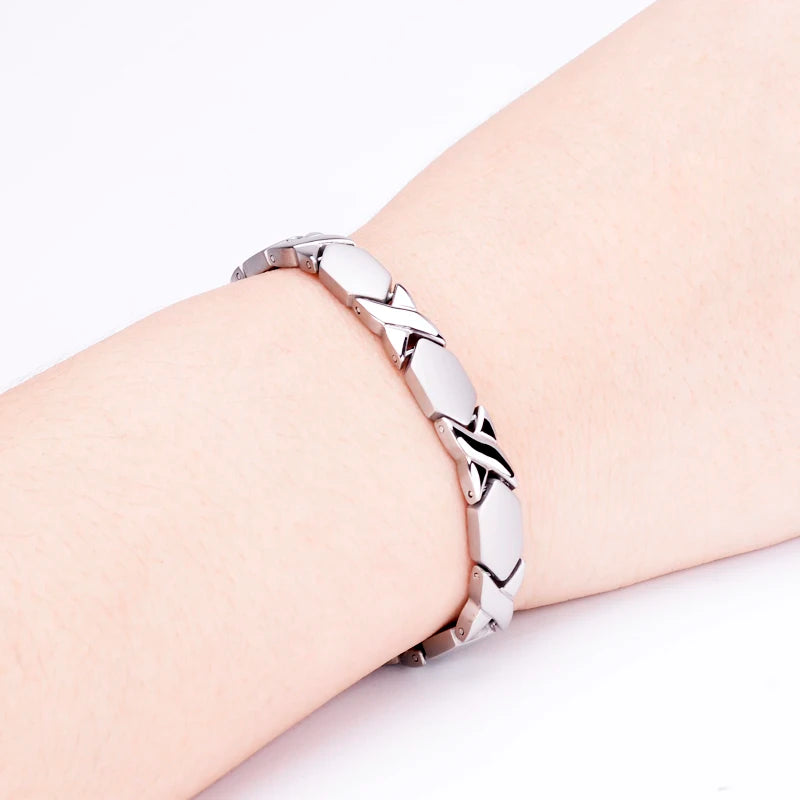 Pure Titanium Steel Magnetic Therapy Silver Energy Bracelet with Far Infrared Negative Ions for Gift Wedding Anniversary Party