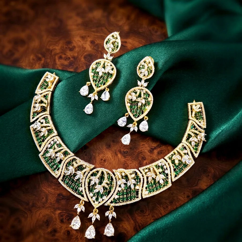 Regal Emerald Leaf Bridal Necklace Set with Matching Earrings Gold Plated Wedding Party Traditional Jewelry for Women