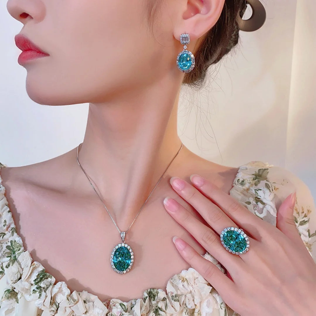 S&S Paraiba Green Zircon Jewellery Set – Pendant, Ring & Earrings – Collection