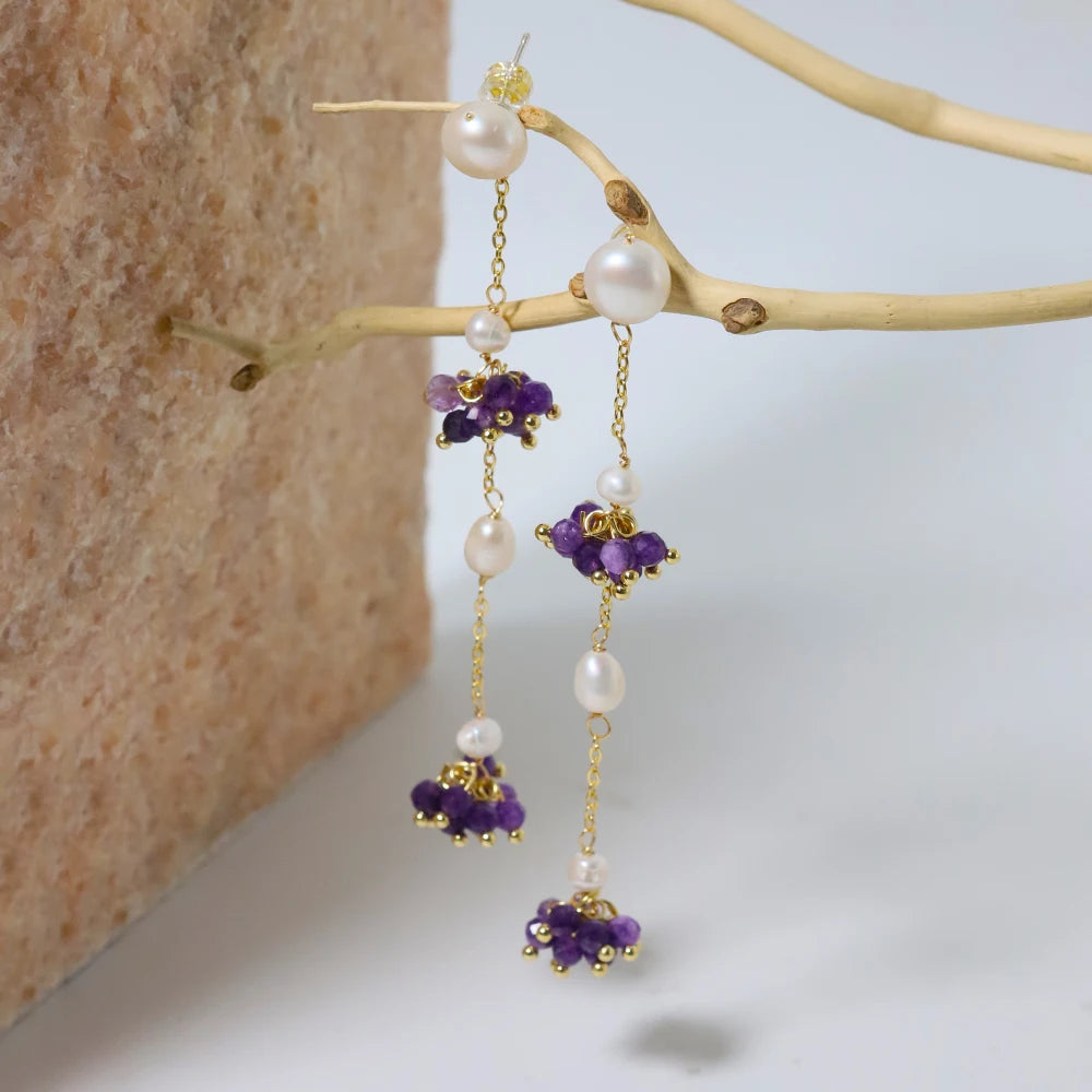 Natural Freshwater Pearl Amethyst Small Bead Long Pendant Korean Women's Luxury Jewelry Fashion Women's and Girls' Gifts GE1561