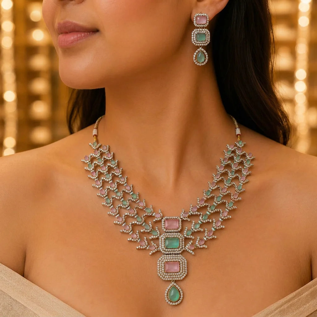 Designer Silver Plated Pastel Pink Green CZ Necklace Set with Earrings Bridal Wedding & Party Wear Fashion Jewelry Set For Women