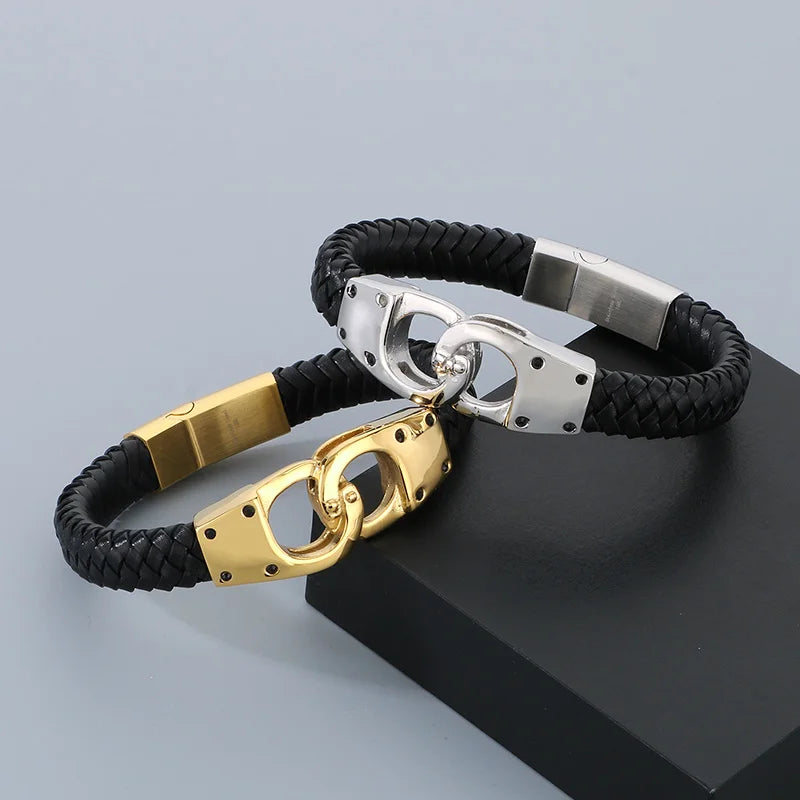 REBEL 220mm Punk Stainless Steel&Leather Handcuff Bangle Bracelet
