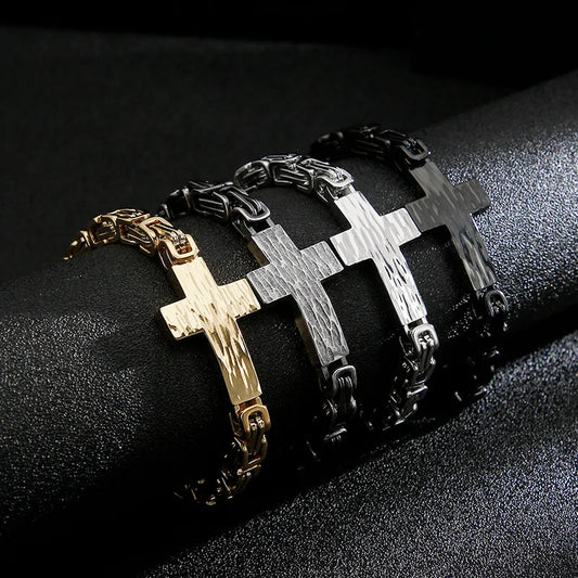 REBEL Fashion Jewelry 18K Gold Plated Vintage Cross Bend Stainless Steel Bracelet for Men Anniversary Gifts
