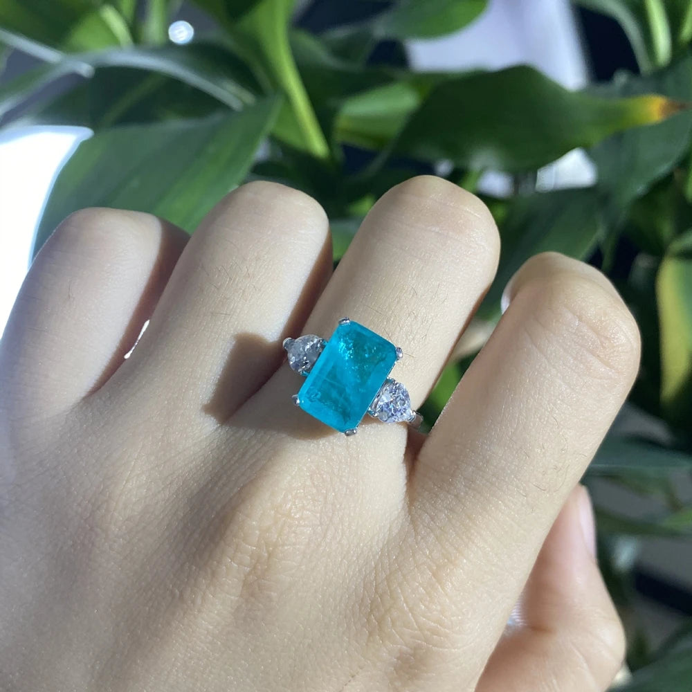 MuShan Jewelry Factory 925 Silver 5 Carat Synthetic Paraiba Rectangular 8*12 High Carbon Diamond Ring for Women