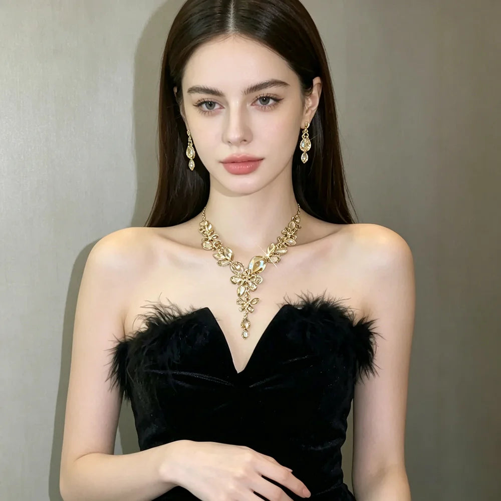 Luxury Princess-Cut Zirconia Champagne Crystal & Pearl Floral Necklace & Drop Earrings Bridal Set — Gold Plated