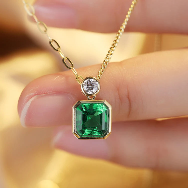 Gemfiori Trendy 3CT Square Shape Lab Grown Emerald Real Gold Chains Jewelry 18k Solid Gold Necklace