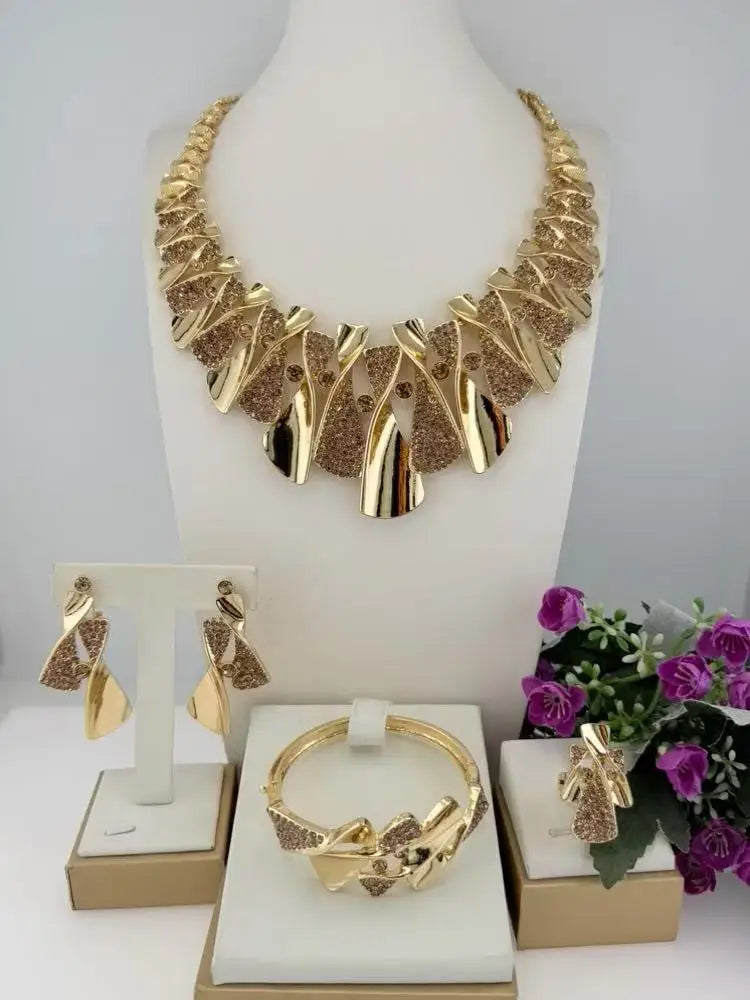 Italian Gold-Plated Jewelry Set Necklace Bracelet Earrings Ring Four-Piece Sets Inlaid with Crystals Wedding Jewellery Set