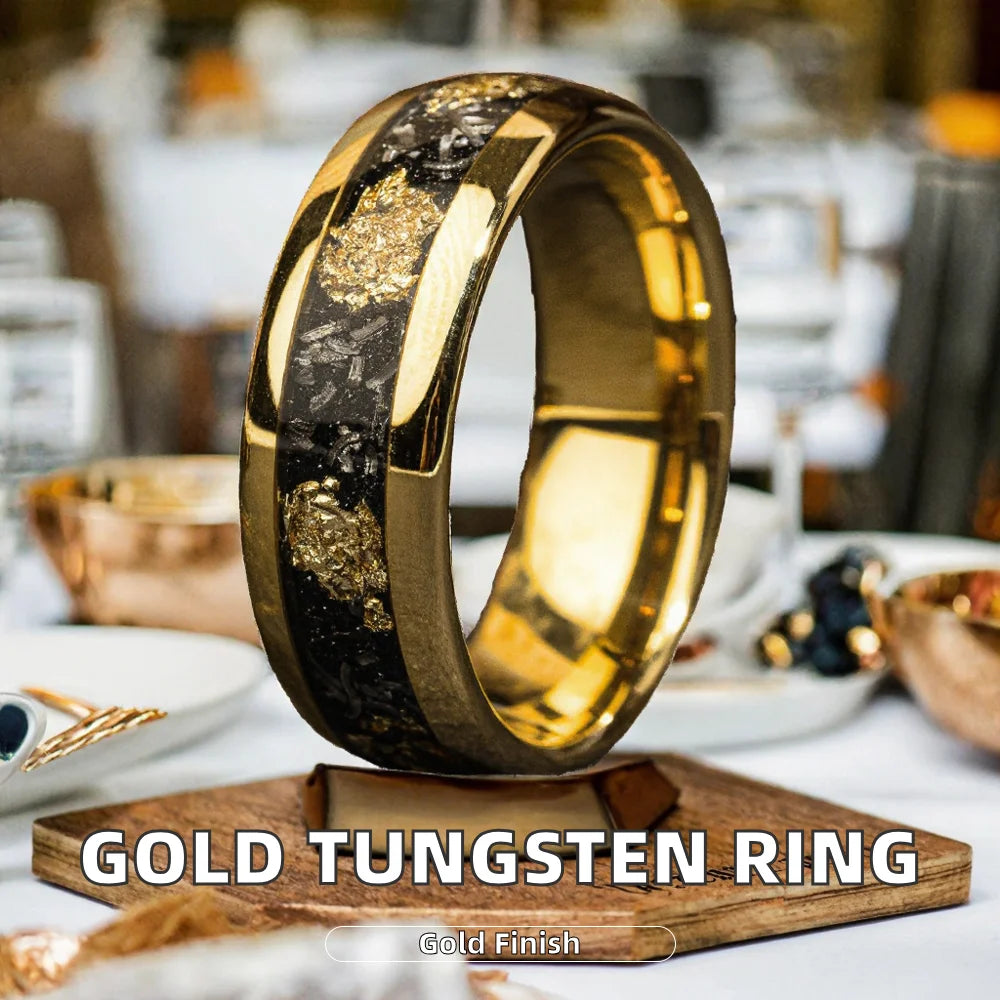 Tungsten carbide Classic Ring Personalized Yellow Gold Natural Stone Broken Gold Foil Meteorite Unisex Engagement Wedding Band