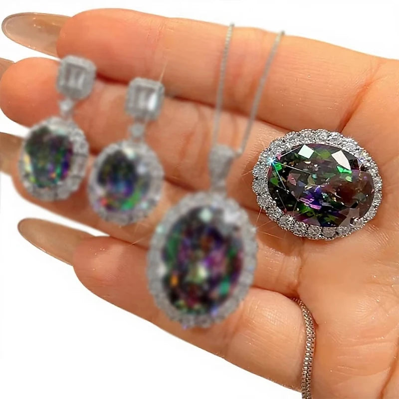 S&S Oval Cut CZ Vintage Jewellery Set – Pendant, Ring & Earrings – Gold Plated – Collection