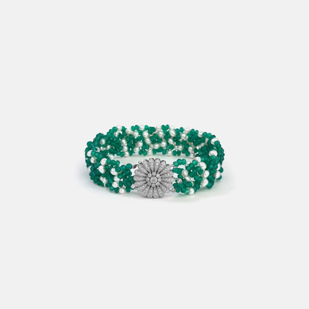 SILVERELLI Green Agate & Pearl Bracelet | S925 Sterling Silver | 18K Gold Plated | Freshwater Pearls