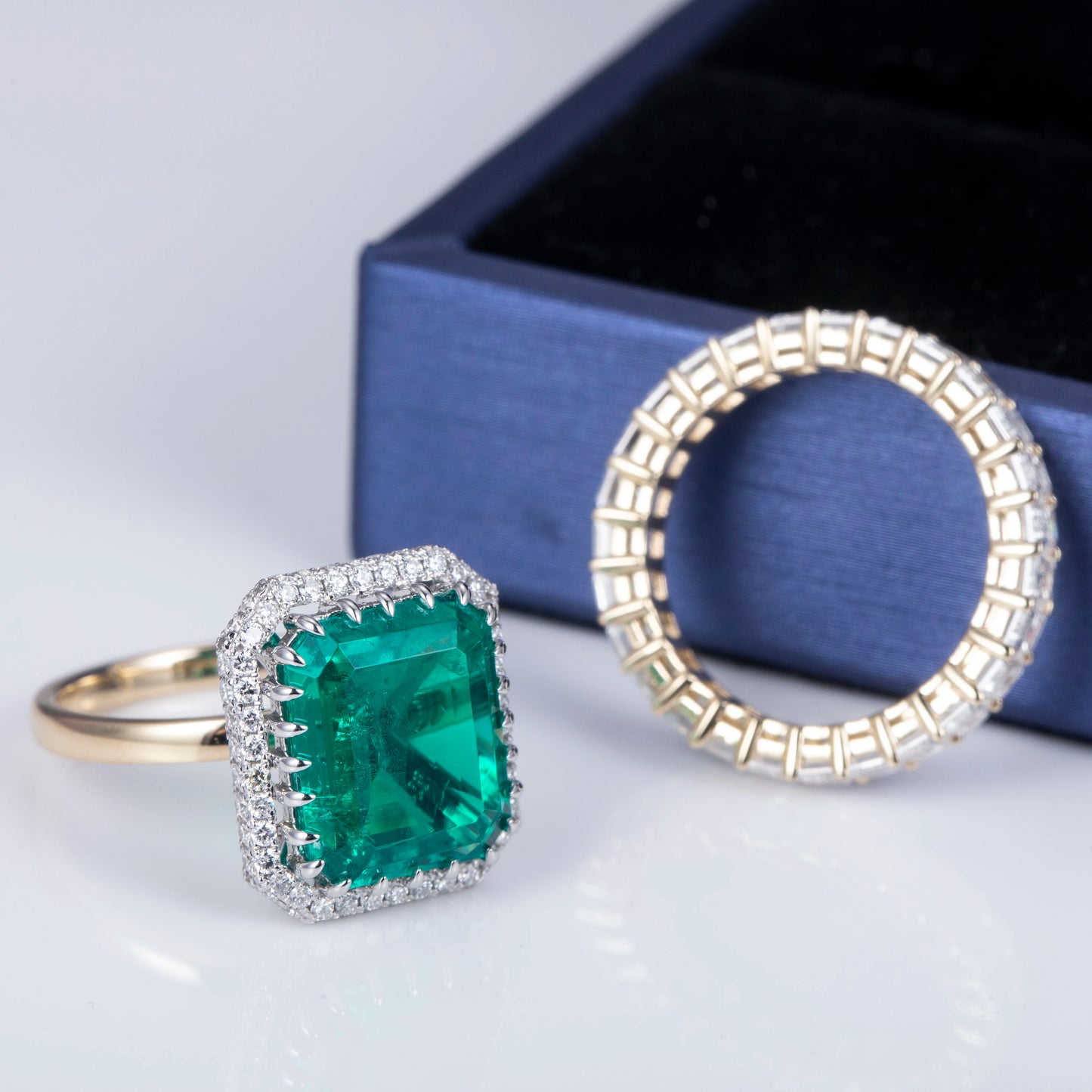 Messi Gems 18k Yellow Gold 10ct Lab Emerald Emerald Cut Moissnaite  Diamond Ring Set