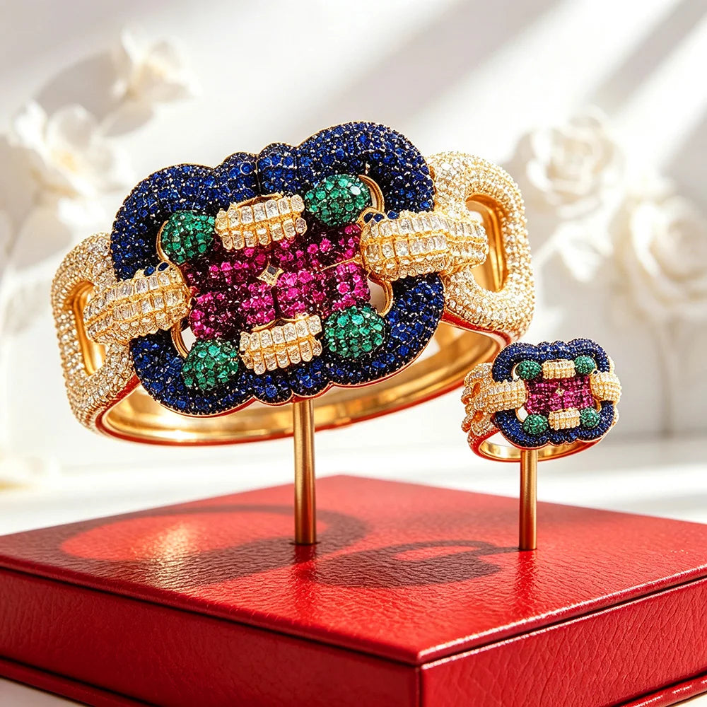 H262A Luxury 3 Rows 2PCS Zircon Bracelet Ring Earring Set Women Wedding Zircon African/Indian/Dubai Bridal Jewelry Set