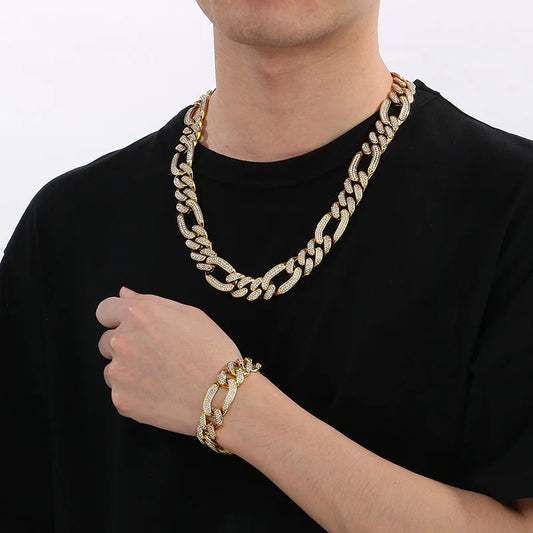2PCS/SET European and American Stainless Steel Hip-hop Full Diamond Cuban Chain Stainless Steel Men's Necklace Bracelet Set 2