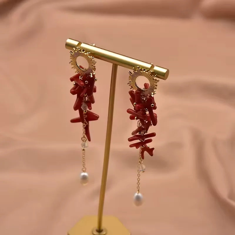Red Coral Natural Pearls Fashion Accessories Set Fine Woman Ring Earrings Necklace Luxury Customized Jewelry Wedding