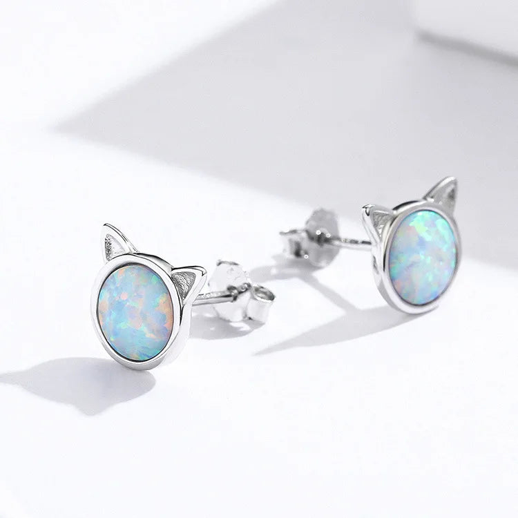 Adorable Cute Animal Cat Head Opal Drop Earrings Copper Alloy Christian Dainty Gift for Women