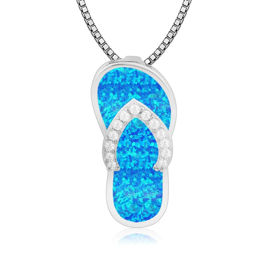 Premium Christian Copper Opal Embedded Trendy Flip Flop Pendant Sweater Link Chain Silver Plated Hawaiian Style Bulk Necklace