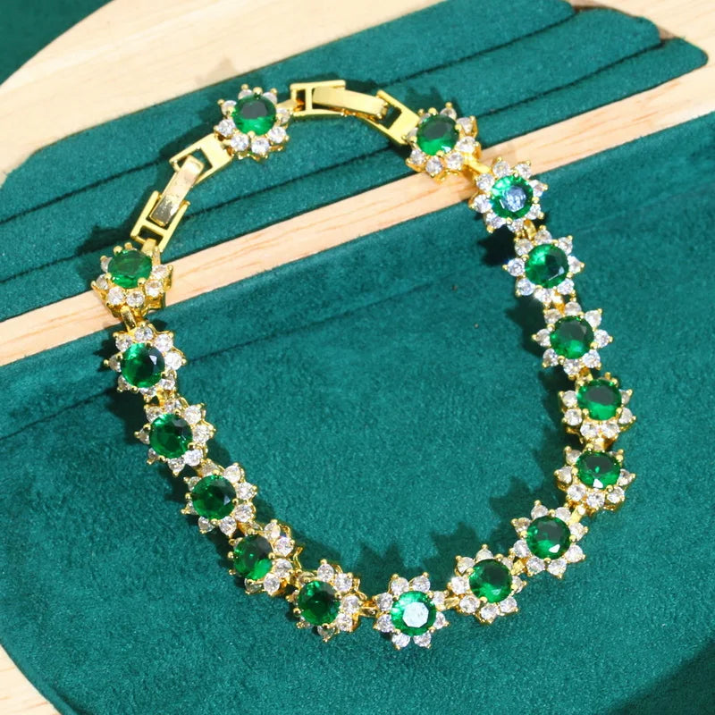 XOTICA Exquisite Green Zircon Gold Color Jewelry Set for Women Banquet Bracelet Earrings Necklace Pendant Ring for Wedding or Party