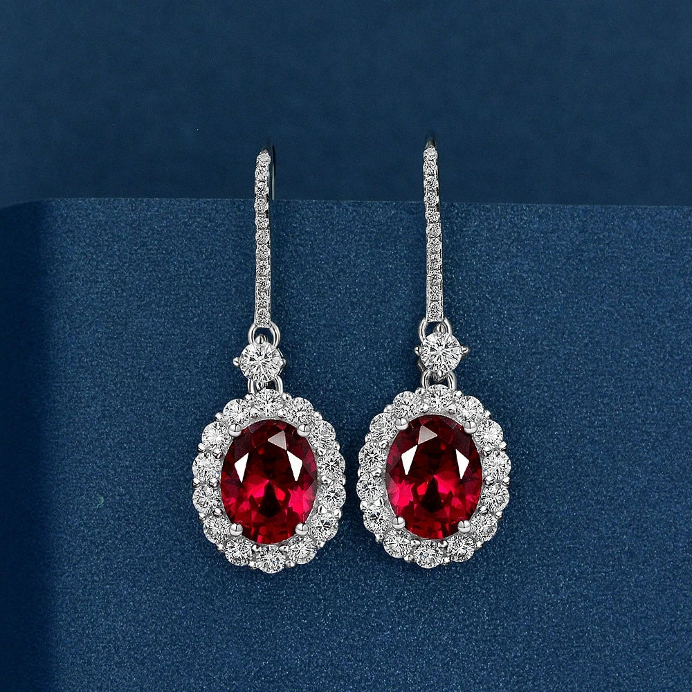MUSHAN Jewelry Factory New 2ct Egg Shaped 7*9 Earrings European and American Light Luxury 925 Silver Lab Grown Red Sapphire
