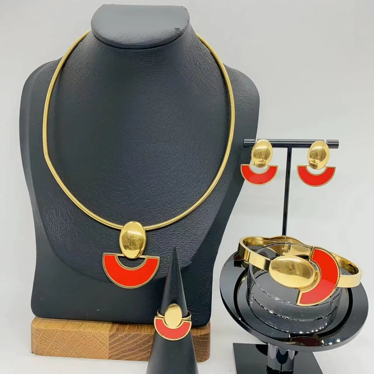 Pearl Choker & Enamel Oil Drop Earrings Jewellery Set | Half-Circle Stainless Steel Fashion Set
