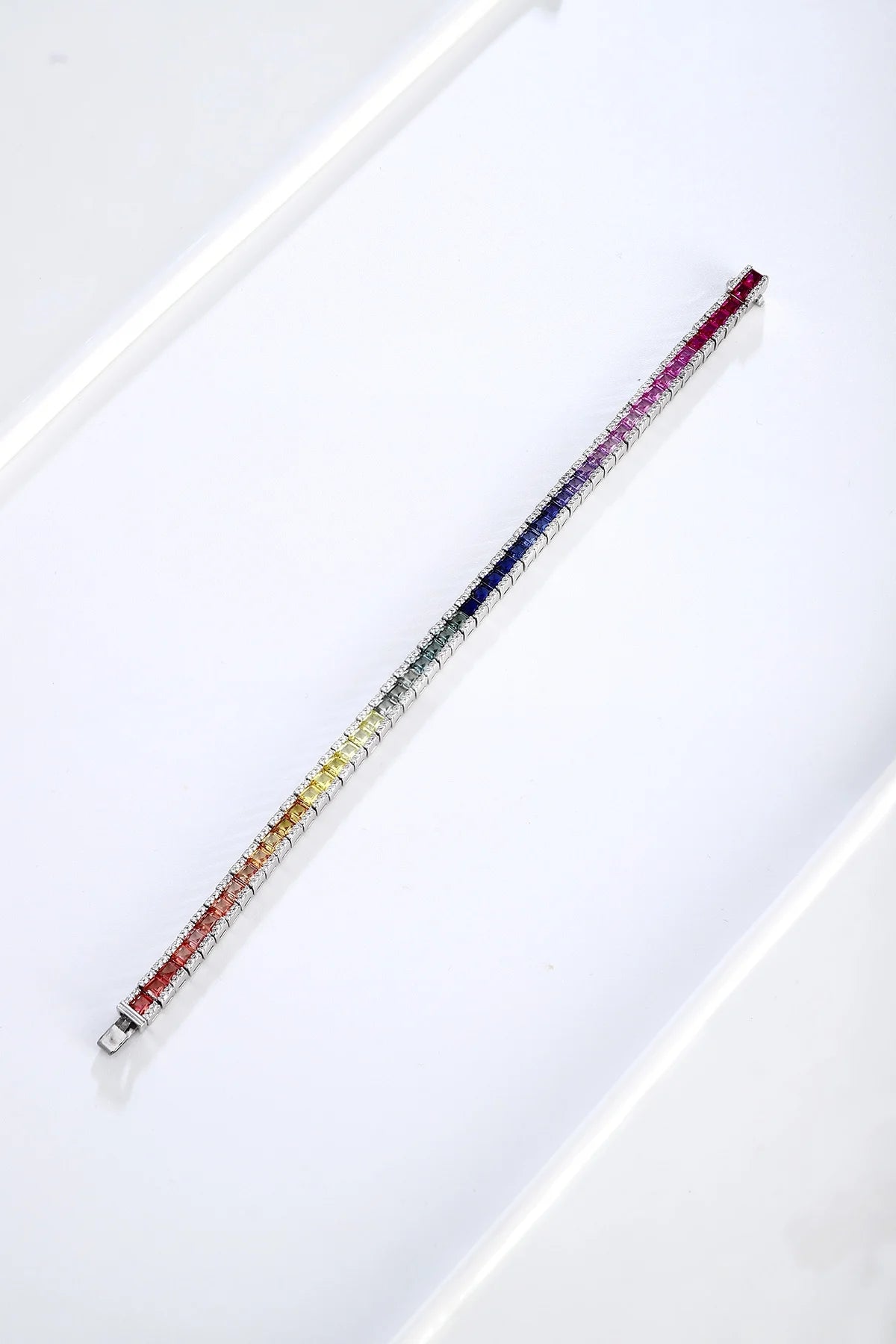 Gemfiori Rainbow Color Lab-Grown Gemstone Tennis Bracelet 925 Sterling Silver Multi-Color Princess Cut Jewelry for Gift