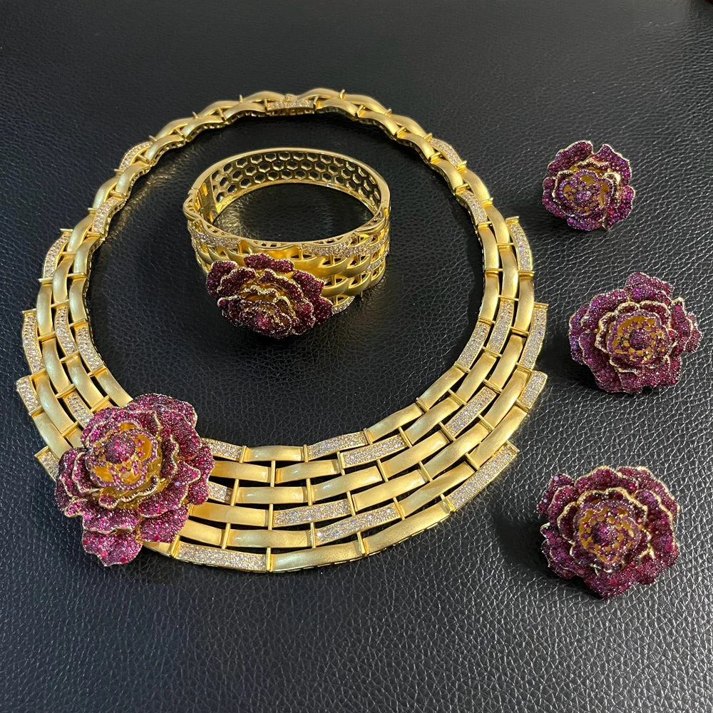 Zhuerrui Luxury Cubic Zirconia Jewelry Set American Diamond Flowers Jewelry Sets Necklace Bracelet Earrings Ring Jewellery Sets
