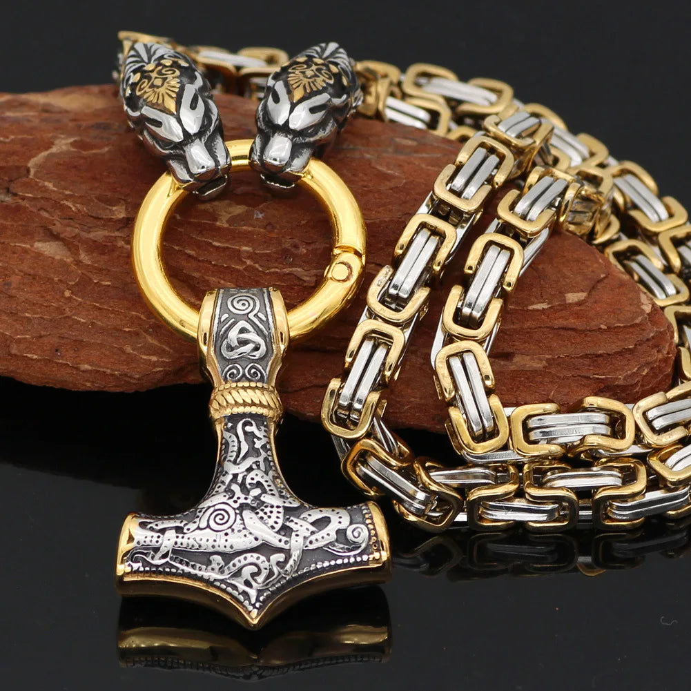 REBEL VIKING Fenrir Wolf Head & Mjolnir Thor Hammer Pendant King Chain Necklace – Stainless Steel