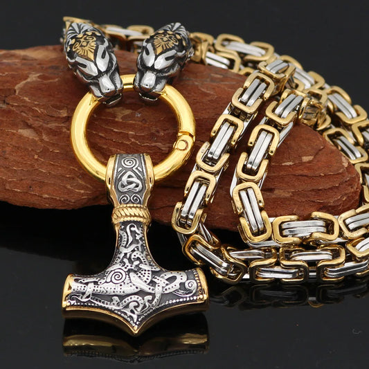 Norse Talisman Jewelry Men Stainless Steel  Fenrir Wolf Head with MJOLNIR Thor Hammer Norse Viking Pendant Necklace king Chain