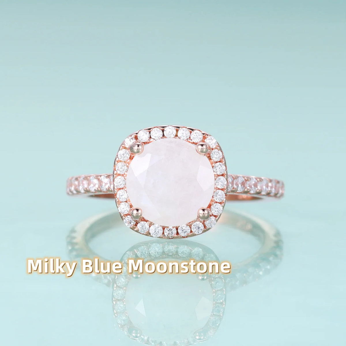 Gemfiori Custom Rose Gold Plated 925 Silver Big Stone Round 8MM Natural Moonstone Amethyst Garnet Blue Topaz Square Halo Engagement Ring