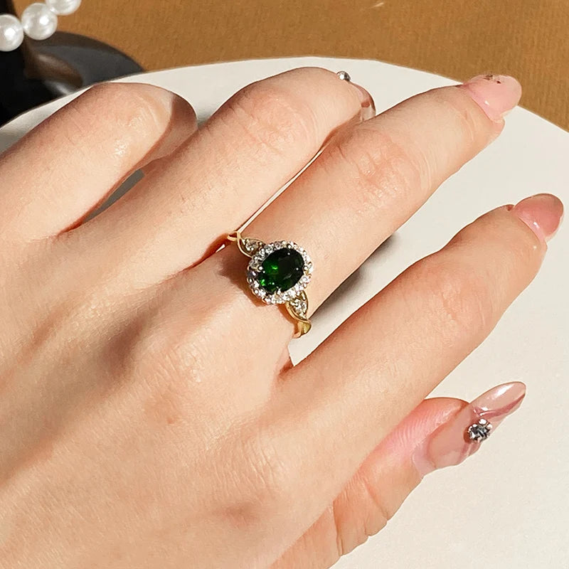 Gioiellieri High-End Elegant 925 Silver Open Ring Women Classic Style Oval Cut Natural Stone Rhodium Plated Prong Setting Gemstone Luxury
