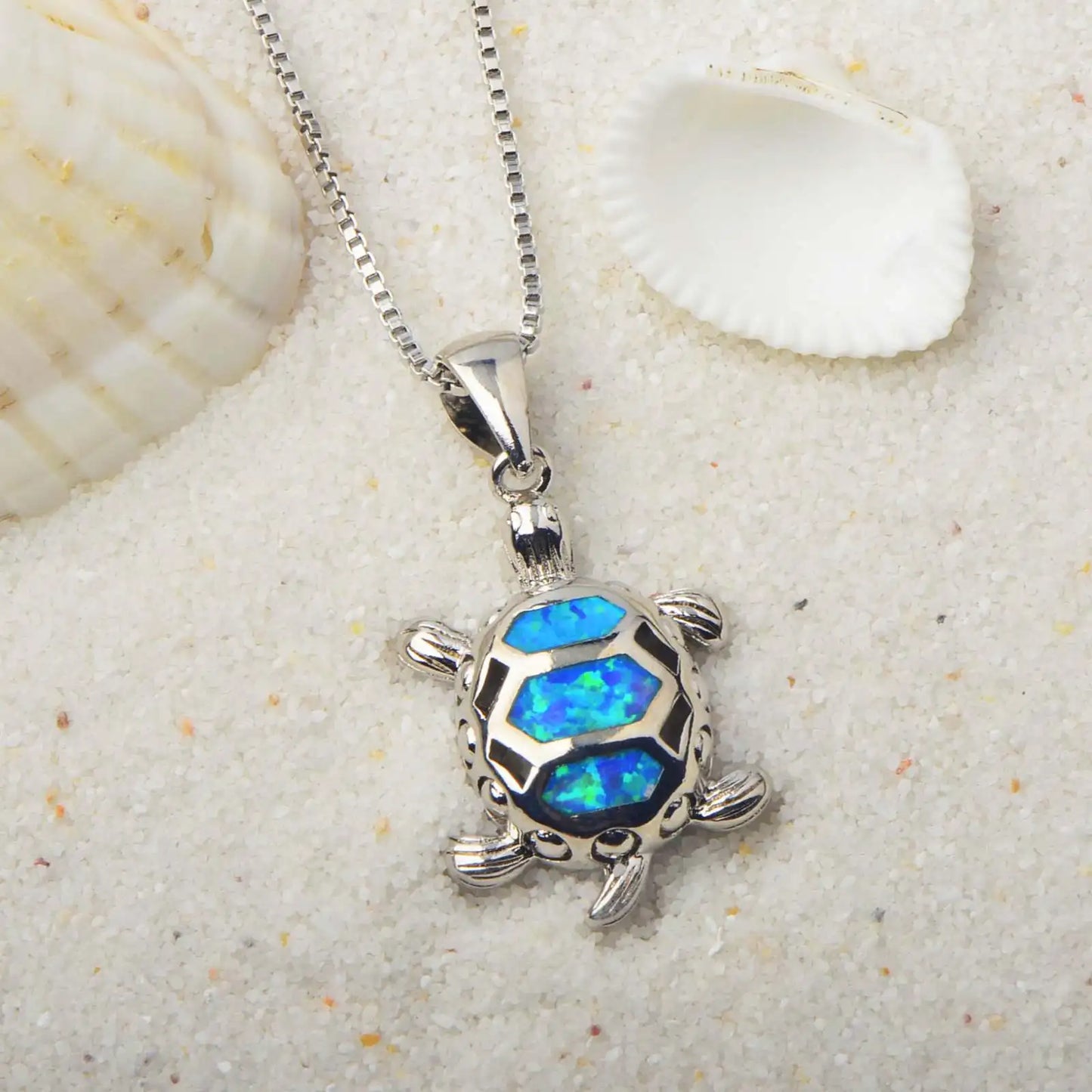 Women's Marine Turtle Opal Pendant Necklace Silver Plated Copper Alloy Blue Fire Opal Shell Inlaid Trendy Design Gift | Coastal