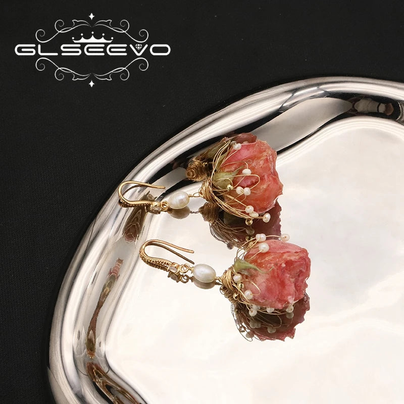 Freshwater Pearl Pink Rose Zircon Flower Drop Earrings Fashion Beautiful Elegant Earrings Jewelry for Girlfriend Gift