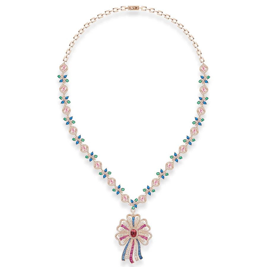 Retro Gorgeous High Quality Electroplated Two-Piece Set Colorful Ribbon Necklace Earrings Perfect Anniversary Fashion Jewelry