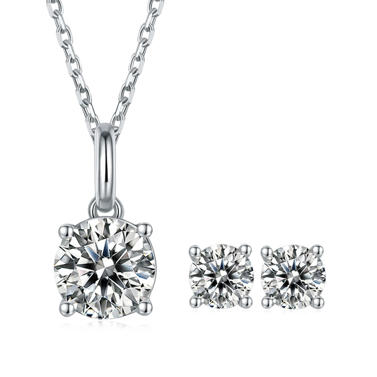 925 Sterling Silver Stud Earrings Round Moissanite Diamond Pendant Necklace Jewelry Set