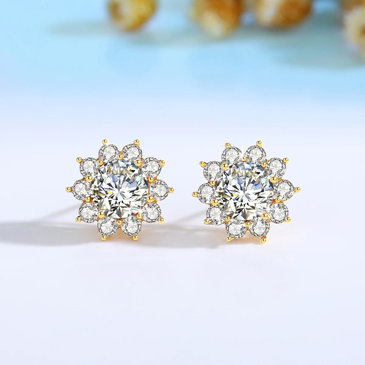 Gioiellieri Fine Jewelry Bijoux Woman Engagement Friendship Gift 1ct Moissanite Halo Sunflower Stud Earrings 14K Gold Hollow