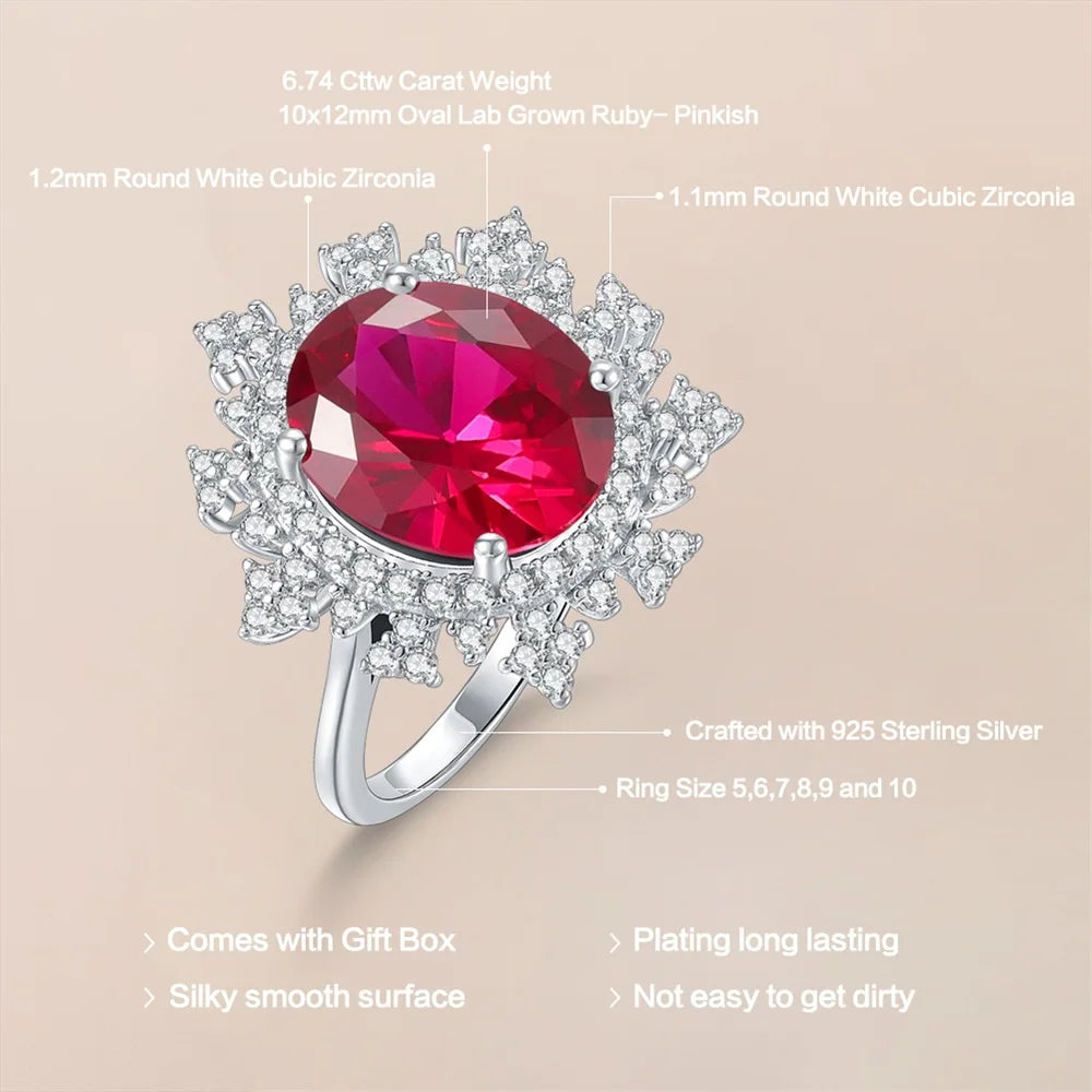 ArtistA Luxury 925 Silver Big Main Stone Fancy Oval Cut 10x12mm Pinkish Red Lab Grown Ruby Women Ring for Dinner Party Cocktail Ring