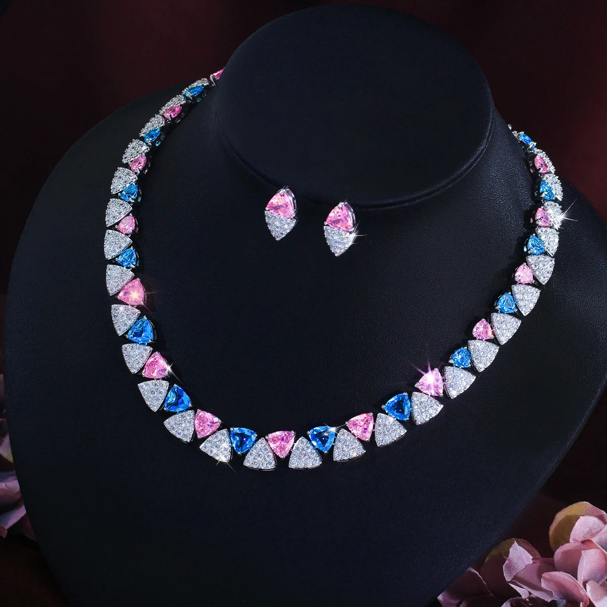 Light Blue Pink Triangle Zircon Jewelry Set Rhodium Plated Micro Pave Necklace Earrings Jewelry Set for Brides Wedding Banquet
