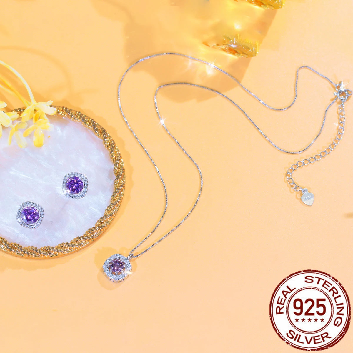 925 Sterling Silver Jewelry Set Square Purple Round Cubic Zirconia Pendant Necklace Stud Earrings Jewelry Set for Brides Wedding