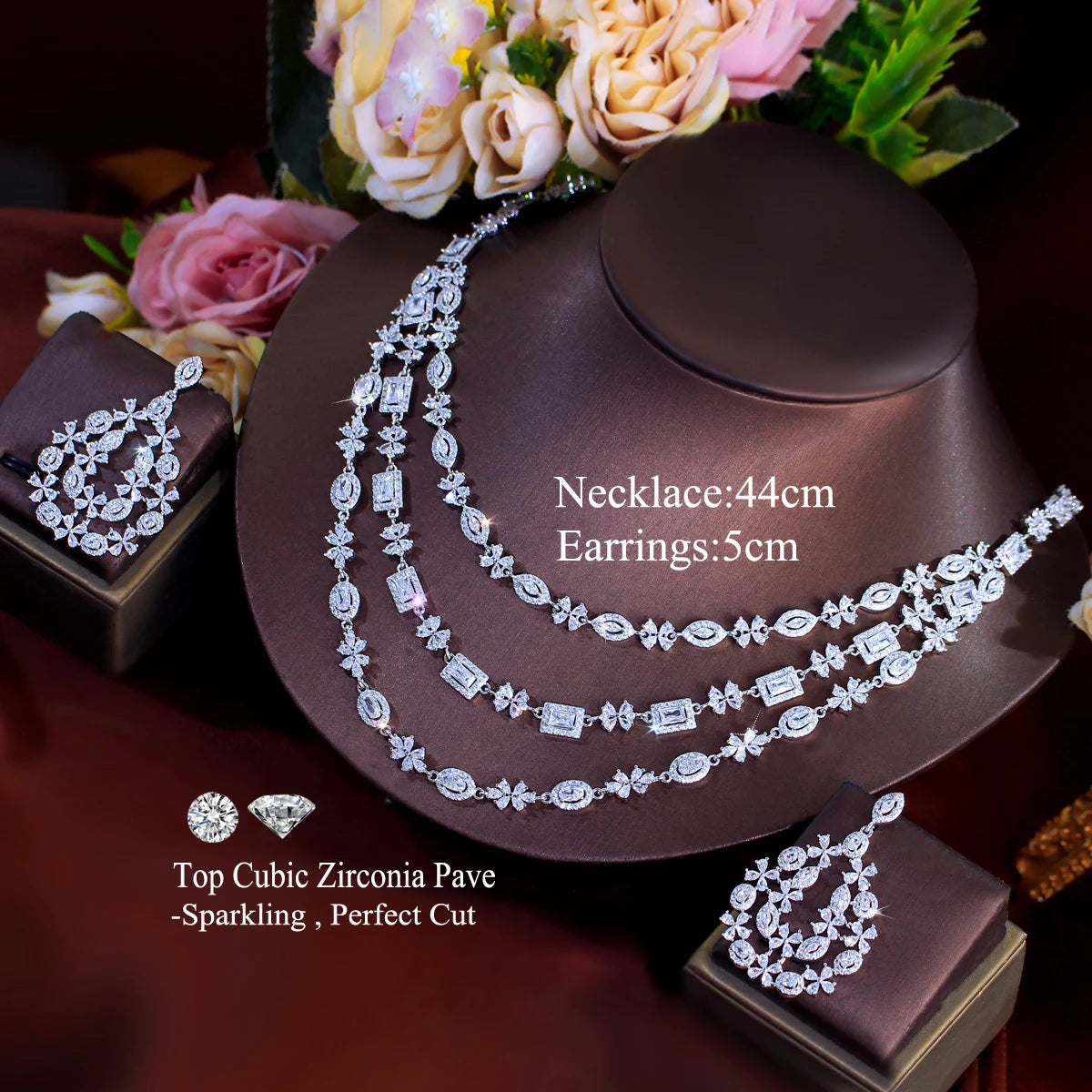 Shiny Cubic Zircon Dubai 3 Layered Wedding Necklace and Earrings Bridal Big Jewelry Sets for Women Luxury Jewellery