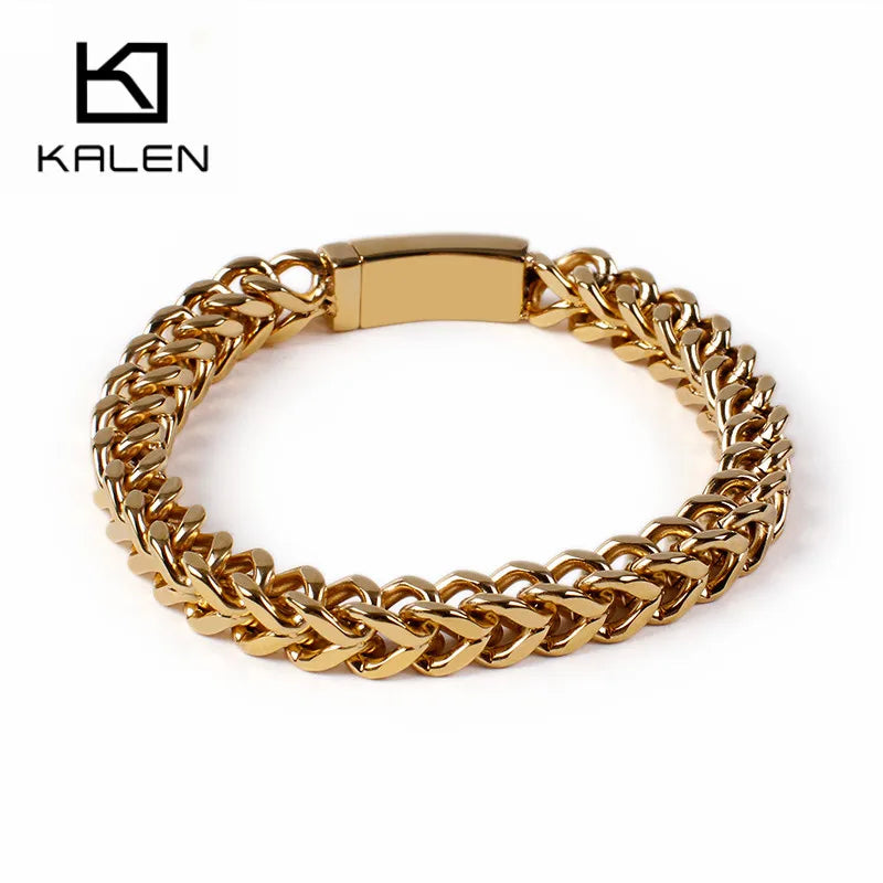 KALEN 316L Stainless Steel Shiny Spring Clasp Link Chain Bracelet Men